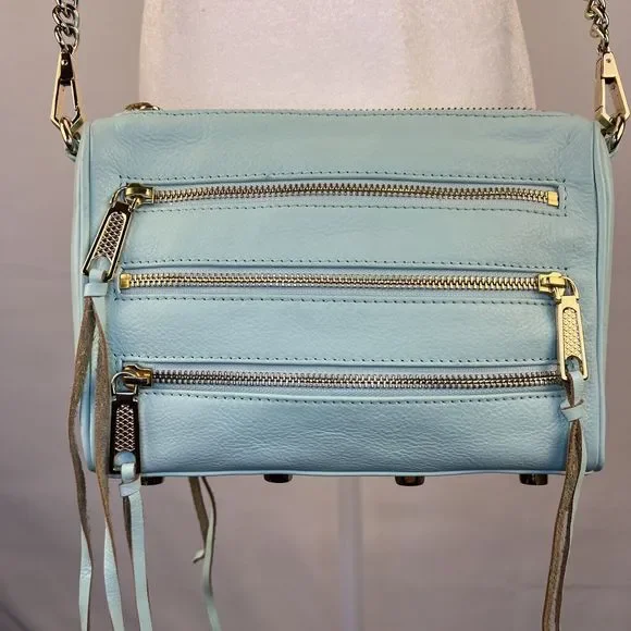 Rebecca Minkoff Crossbody Mini Bag Leather Purse Studded 5 Zip Mint Clutch Tote - Picture 6 of 16